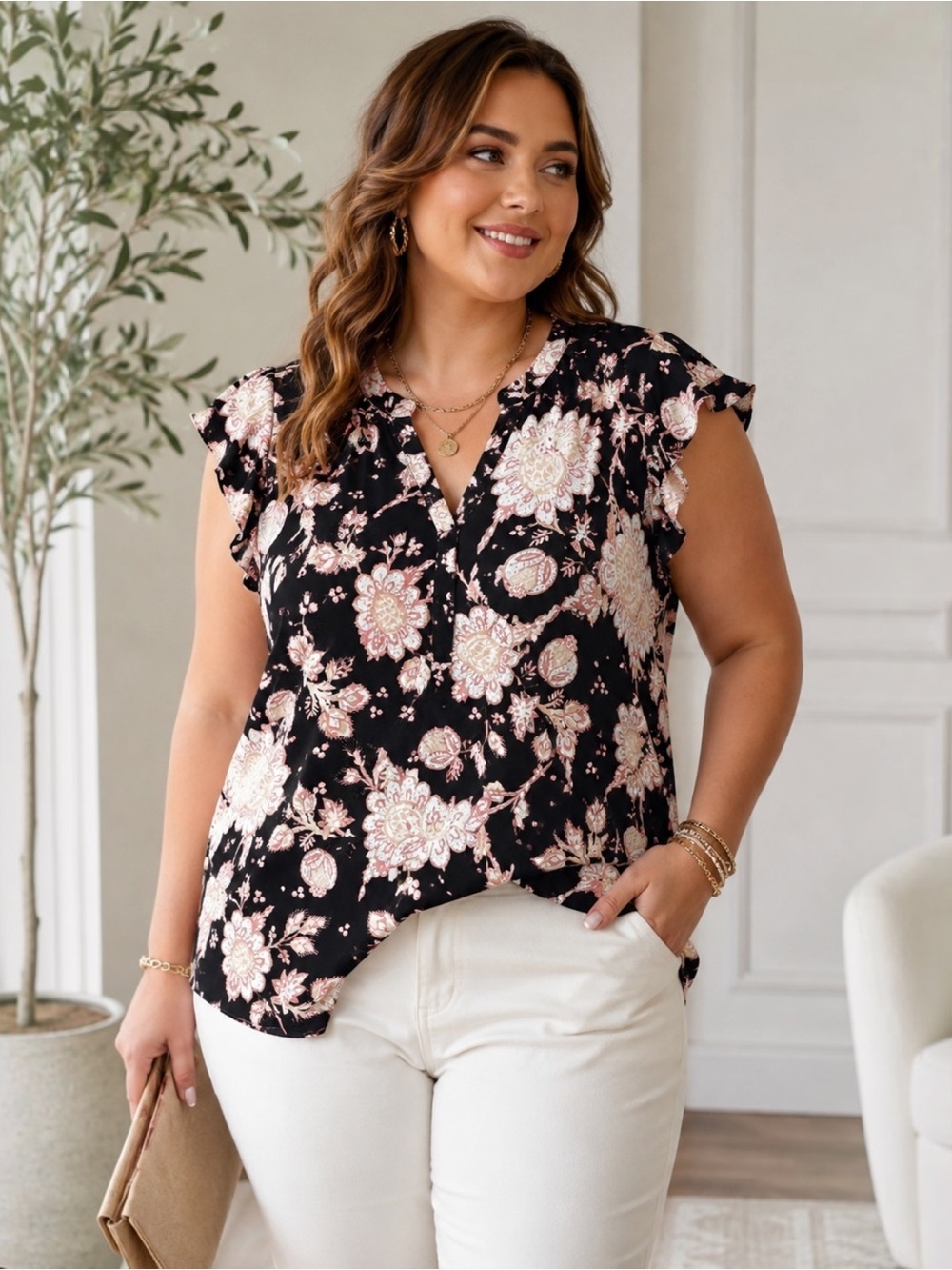 Cynthia Rowley Woman 1X Black Floral Rayon Flutter Sleeve V-Neck Blouse